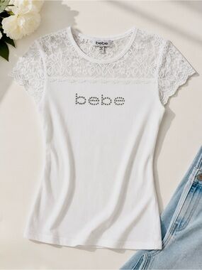 bebe White Rhinestone Logo Lace Cap Sleeve Top Large Made in USA Y2K